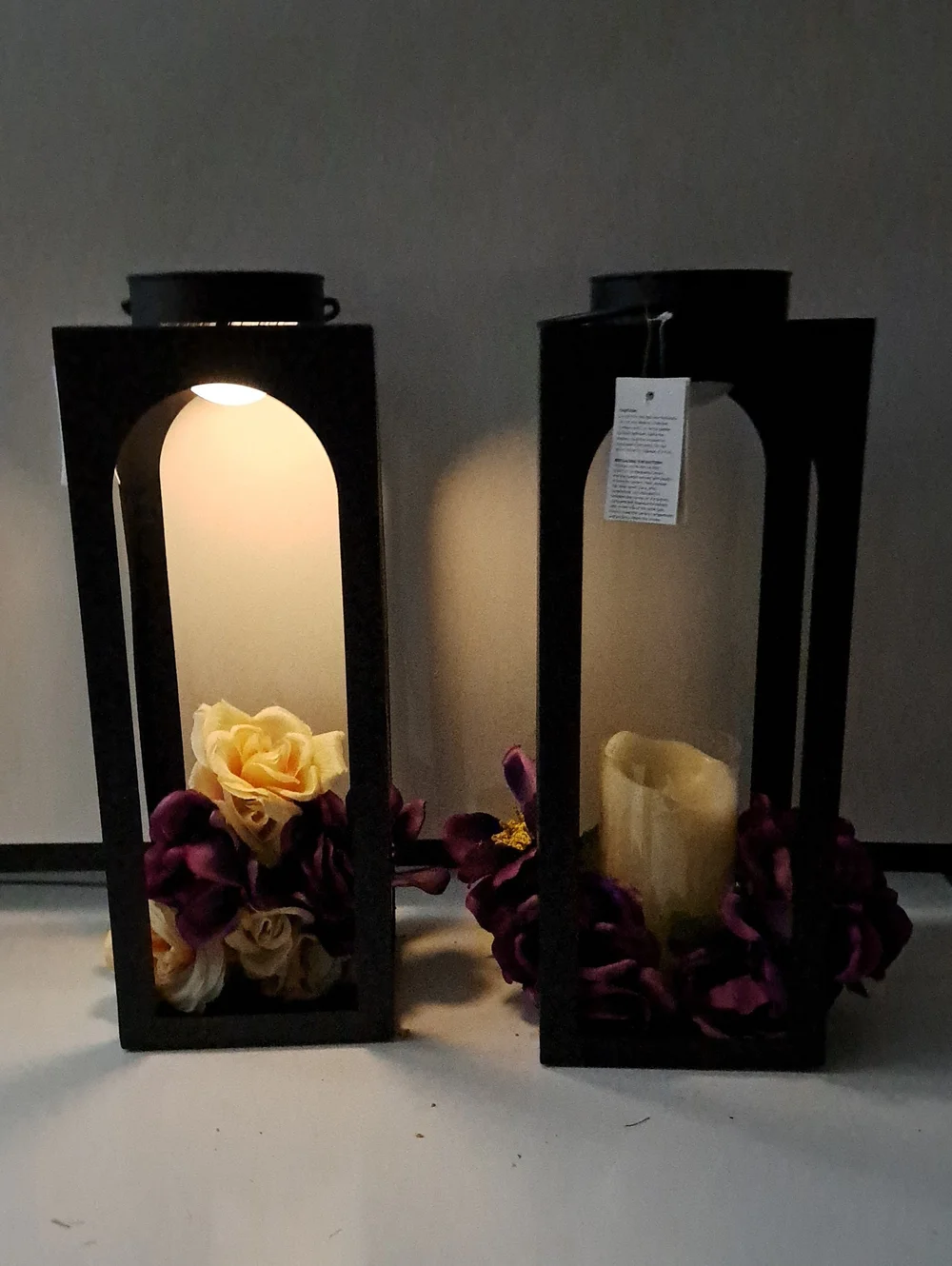 NWT 2 Tall Modern Matte Black Metal Solar Lanterns/Pillar Candle Holders